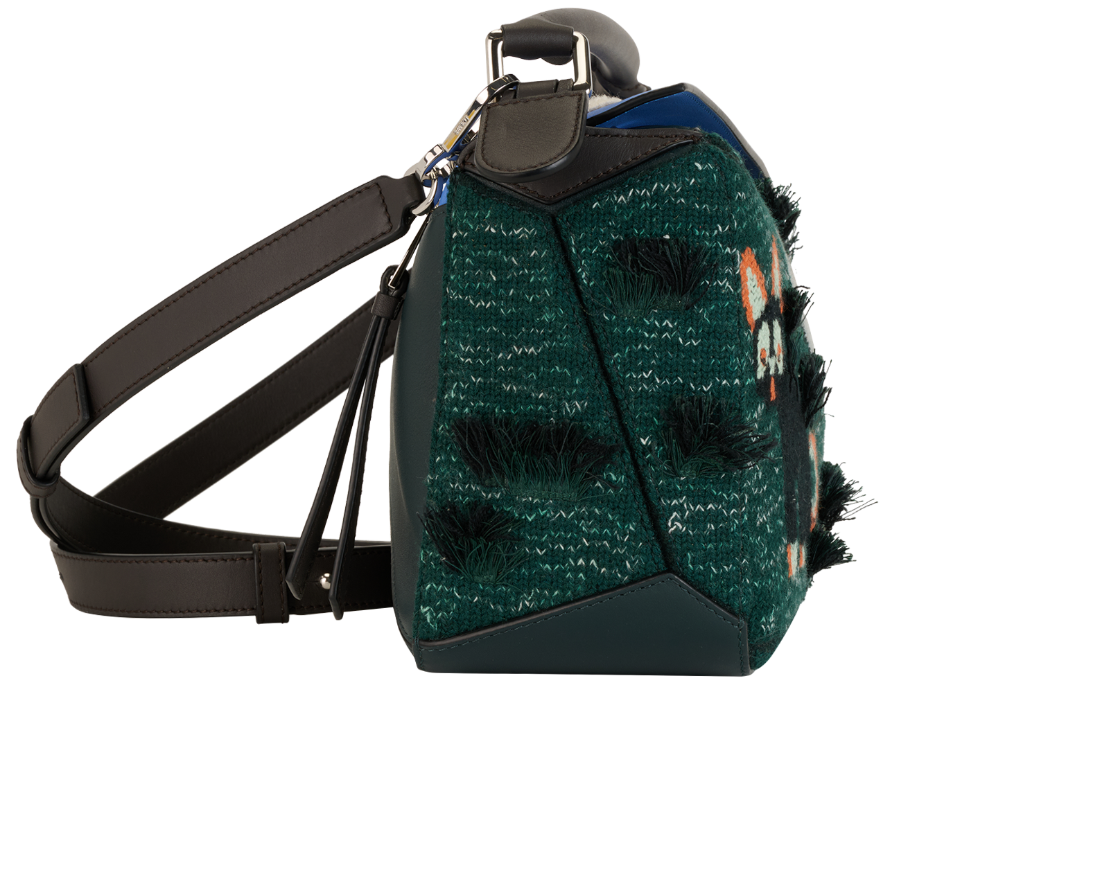 X Louis Wain Futurist Cat Small Puzzle Bag, &pound;1,800, Handbags, Blue/Green, Leather/Wool, Side view